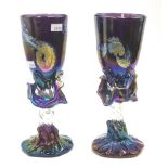 Pair of art glass hand blown iridescent goblets