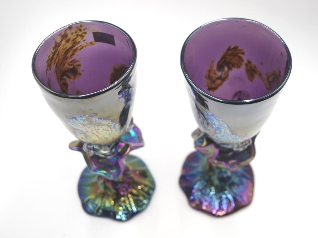 Pair of art glass hand blown iridescent goblets - Image 3 of 4