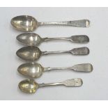 Five antique sterling silver teaspoons