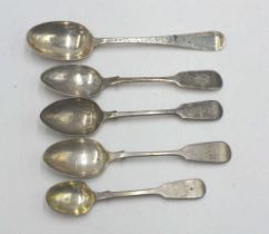 Five antique sterling silver teaspoons