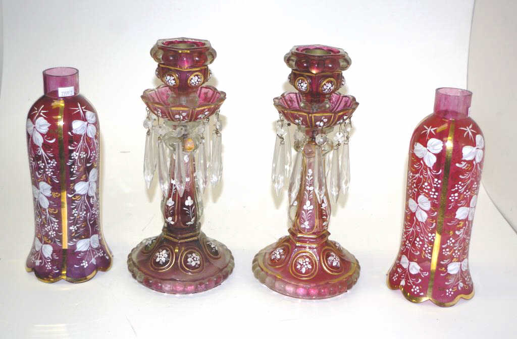 Vintage pair painted pink glass storm candles - Image 3 of 3