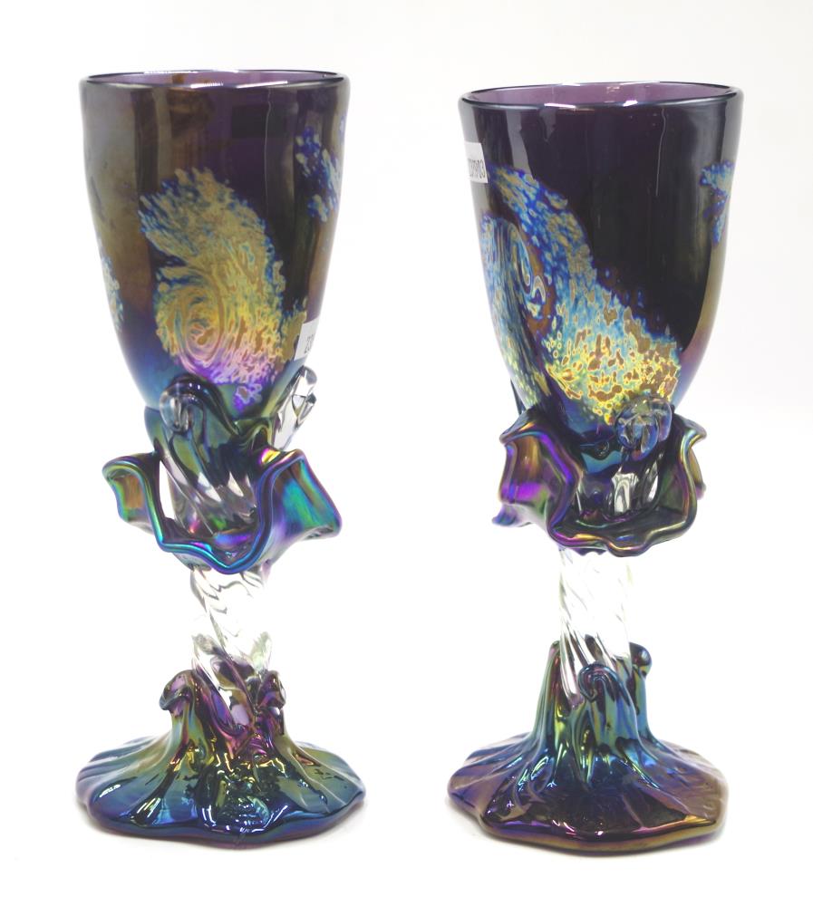 Pair of art glass hand blown iridescent goblets - Image 2 of 4