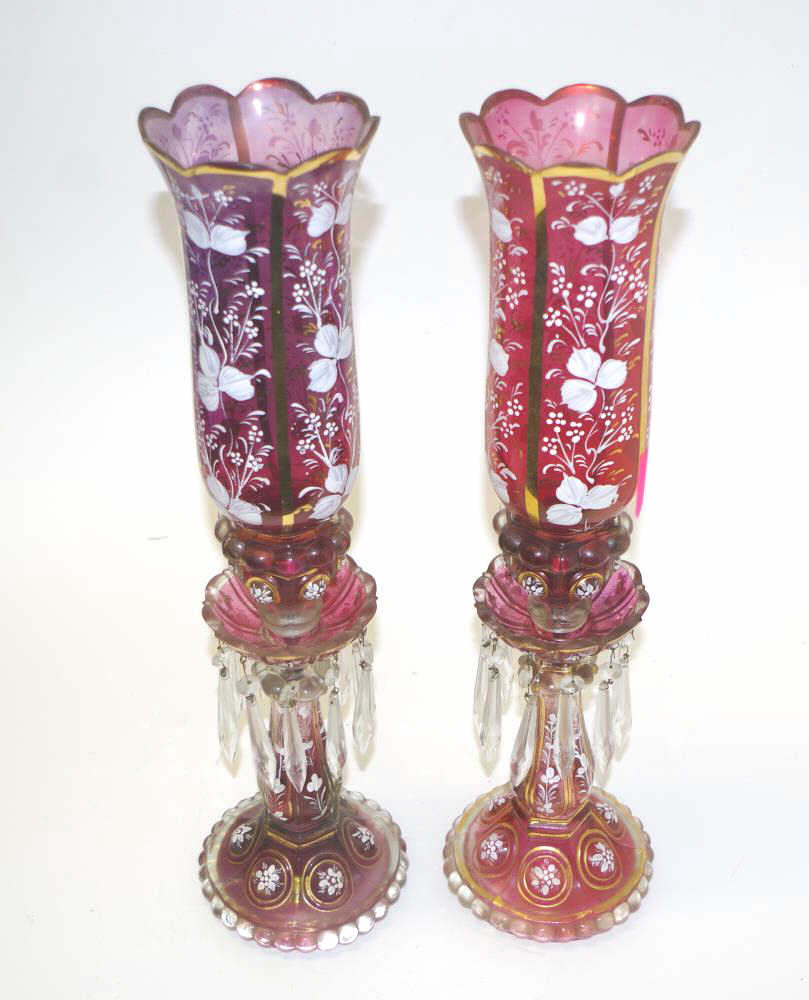 Vintage pair painted pink glass storm candles - Image 2 of 3