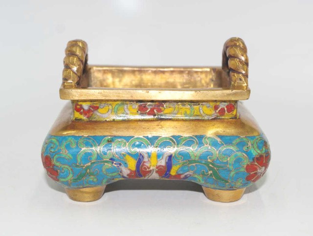 Chinese Qing dynasty cloisonne & brass censor