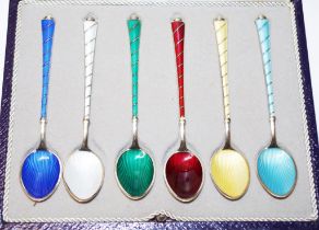 Cased set six Danish silver & enamel coffee spoons