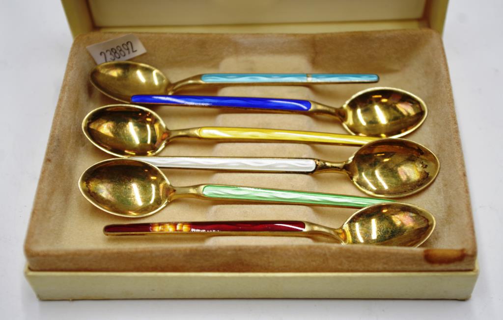 Set of six Norwegian silver gilt & enamel spoons