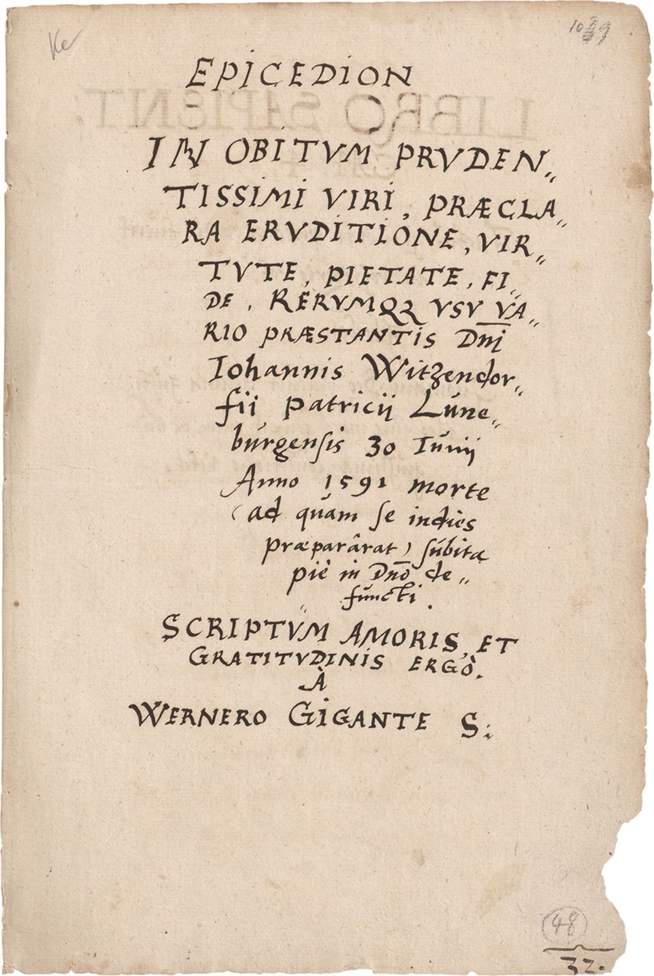 Epicecion: Totenpoem Lüneburg. Lateinische Handschrift auf Papier.