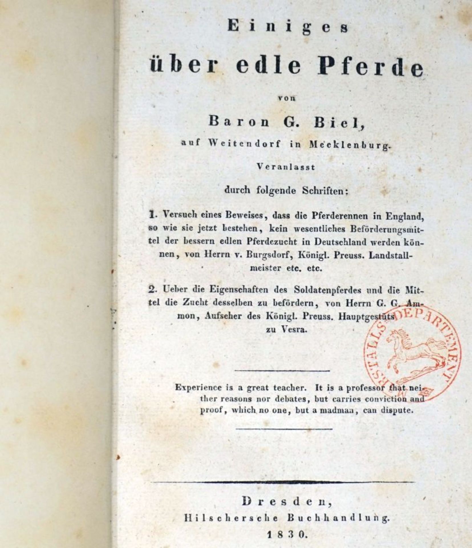 Biel, Gottlieb Wilhelm Ludwig: Einiges über edle Pferde