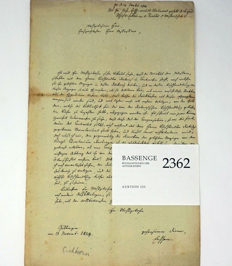 Eichhorn, Johann Gottfried: Brief 1814 über die Göttinger "Gelehrten Anzeigen"