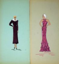 Modeentwürfe des Art Deco: Sammlung von 13 kolorierten Orig.-Federzeichnungen