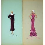 Modeentwürfe des Art Deco: Sammlung von 13 kolorierten Orig.-Federzeichnungen