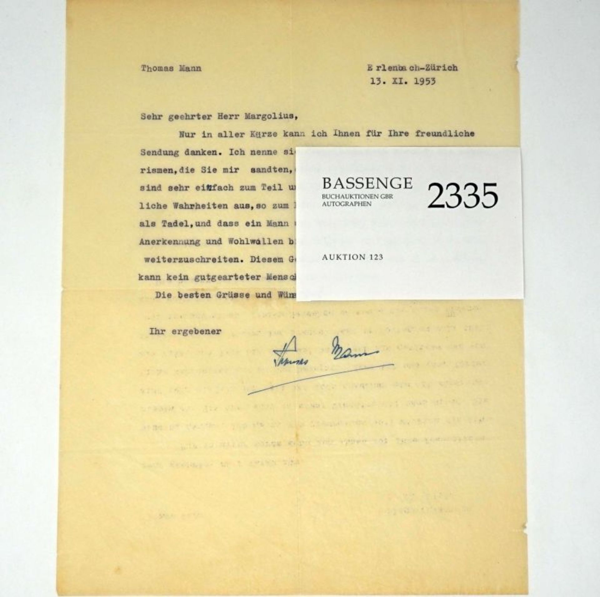 Mann, Thomas: Brief 1953 an Hans Margolius