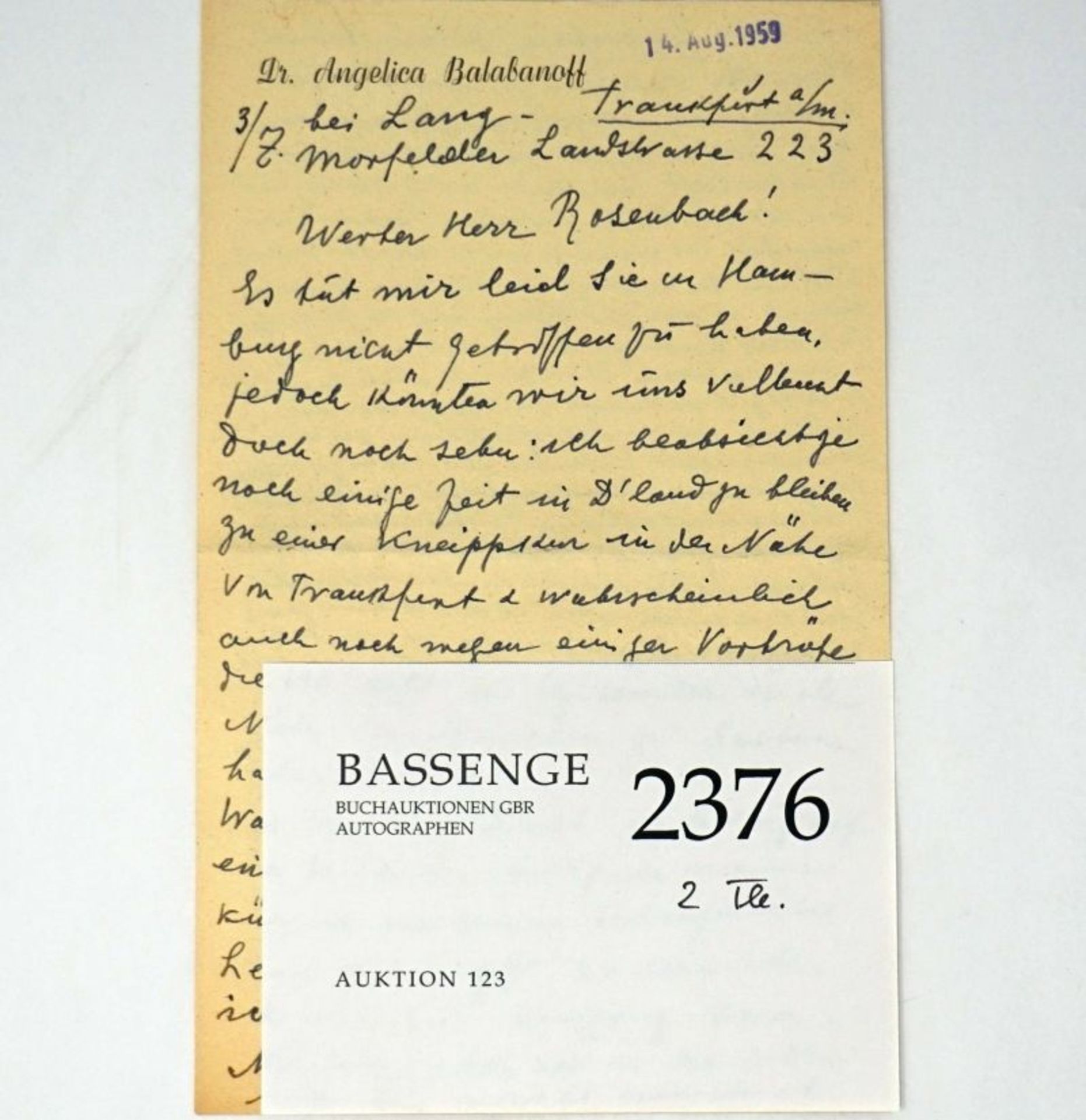 Balabanoff, Angelica: Brief 1959 an Detlev Rosenbach