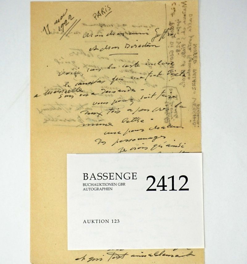 Bourdelle, Antoine: Brief 1922 an Gustave Geffroy