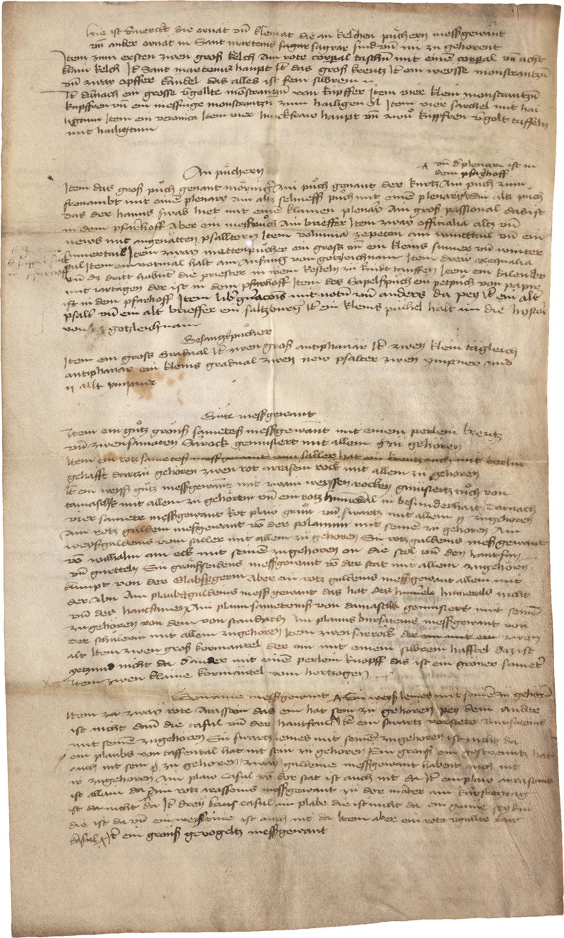 Landshuter Schatzverzeichnis: Deutsche Handschrift auf Pergament. 1 Bl. mit 2 S. Ca. 5...