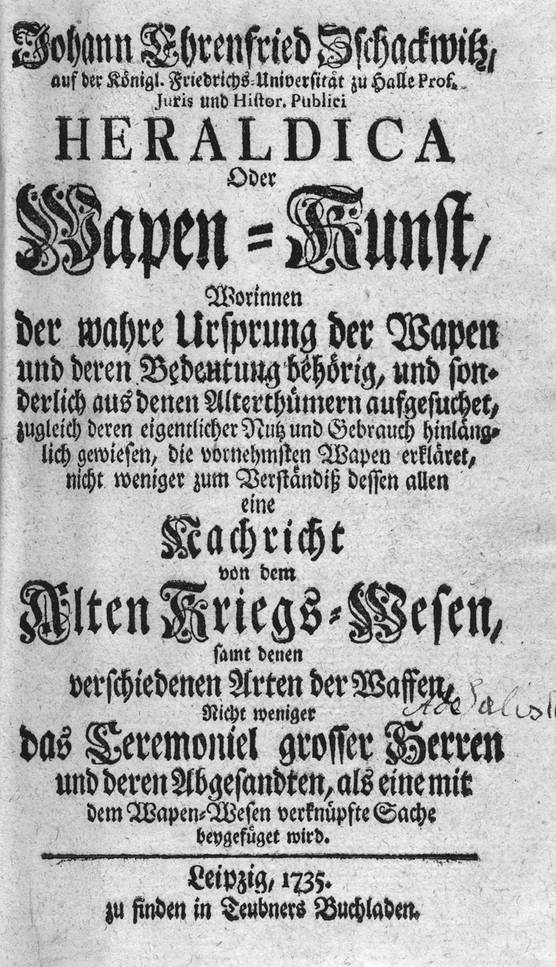 Schackwitz, Johann Ehrenfried: Heraldica