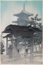 Hasui, Kawase: Der Zentsuji-Tempel im Regen. Japanischer Farbholzschnit...