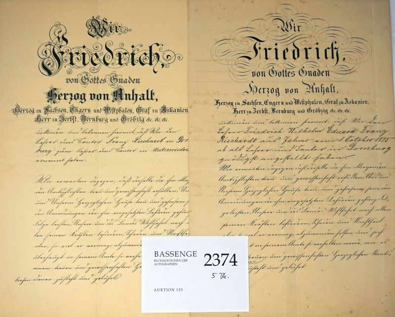 Friedrich Herzog von Anhalt-Dessau: Drei Urkunden der Herzöge Friedrich I. und Friedrich II.