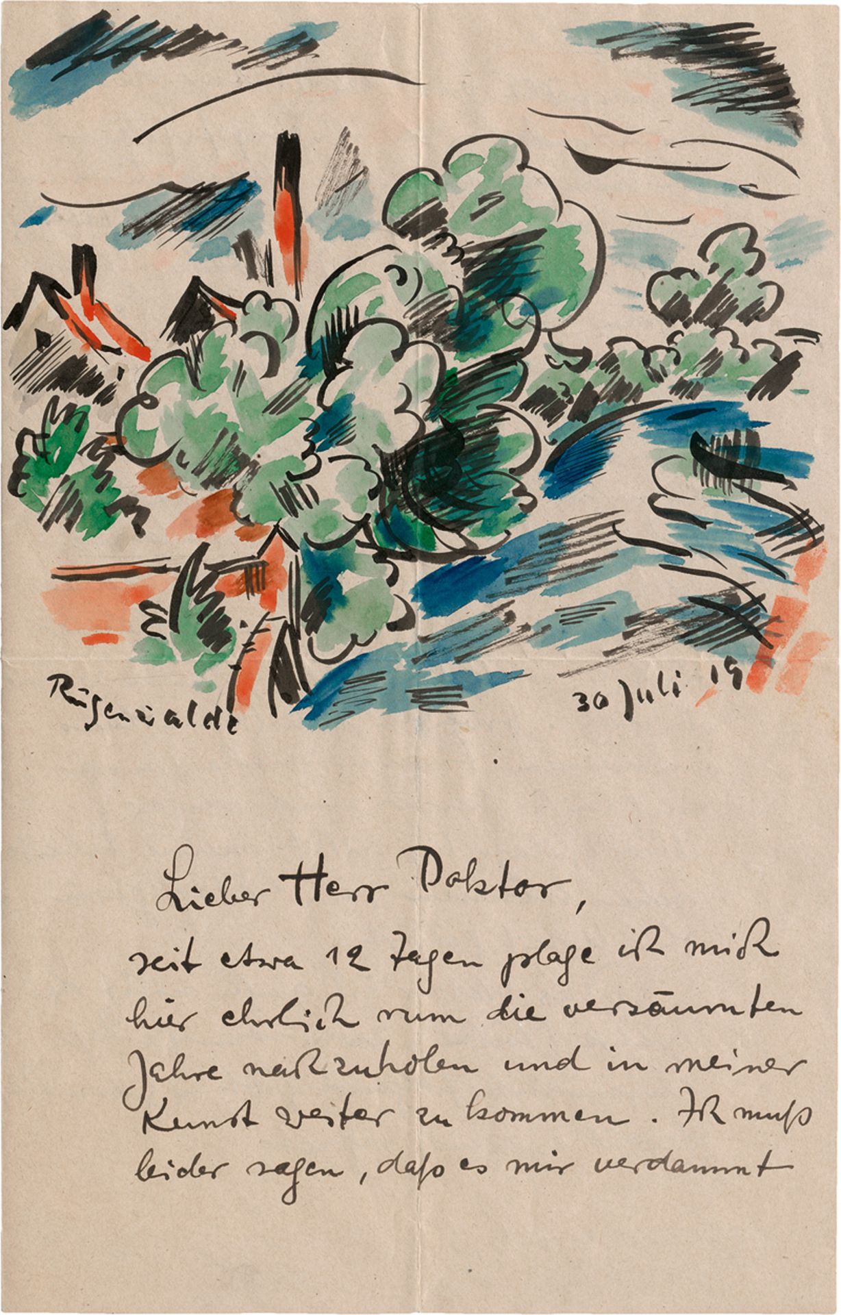 Jacobi, Rudolf: Brief 1919 mit Aquarell