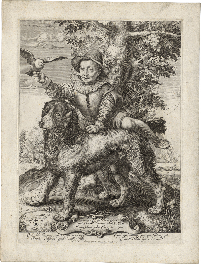 Goltzius, Hendrick: Porträt Frederick de Vries mit Hund und Taube