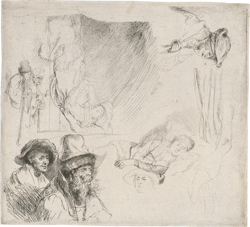 Rembrandt Harmensz. van Rijn: Studienblatt mit der im Bett liegenden Frau