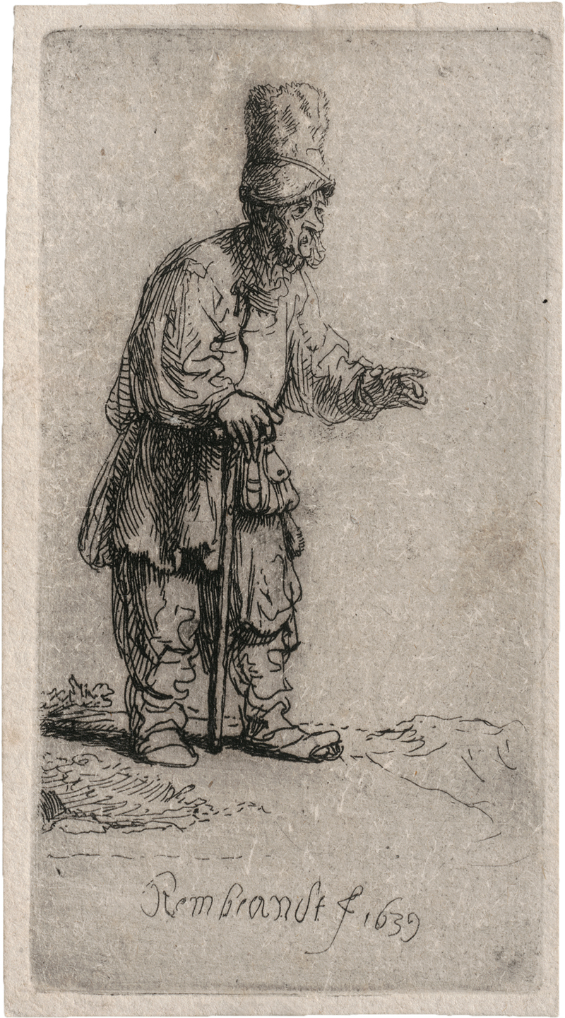 Rembrandt Harmensz. van Rijn: Bauer mit hoher Mütze, auf einen Stock gelehnt