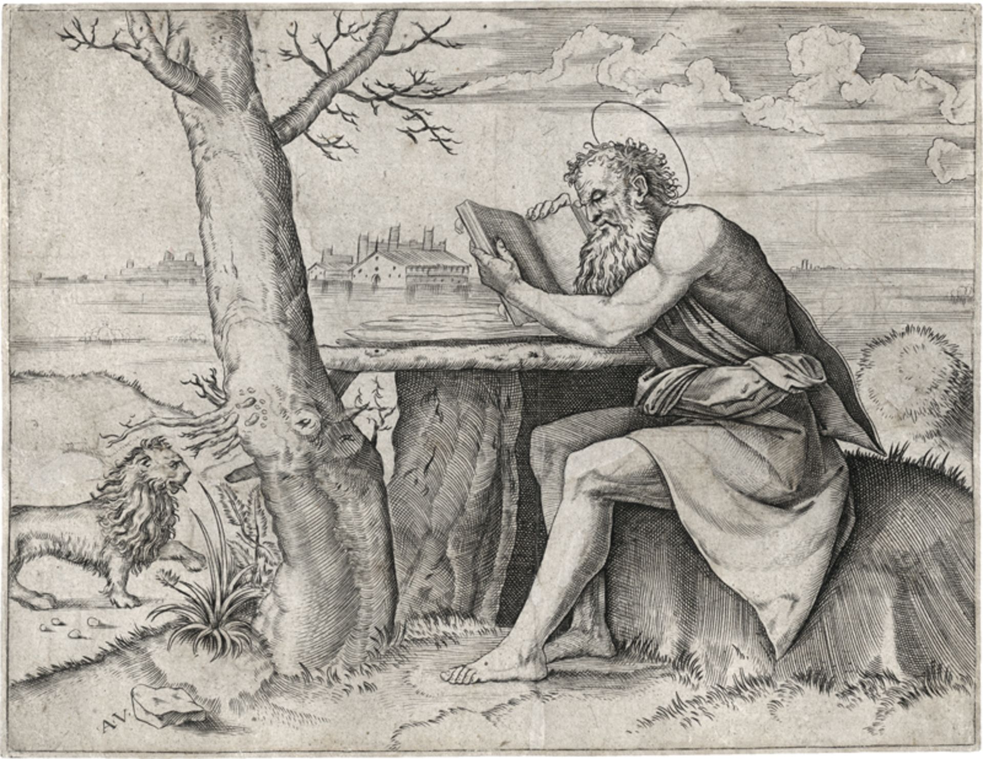 Veneziano, Agostino: Der hl. Hieronymus mit dem Löwen