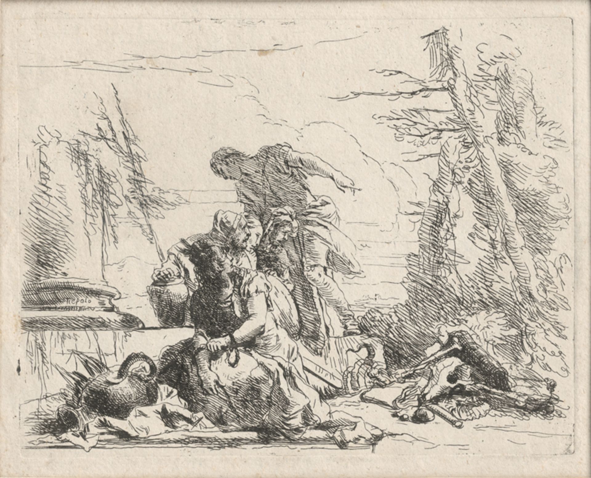 Tiepolo, Giovanni Battista: Frau mit gefesselten Armen und vier Figuren