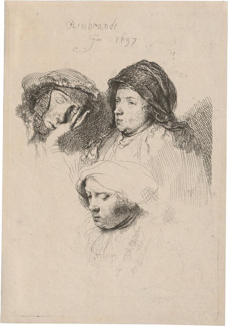 Rembrandt Harmensz. van Rijn: Drei Frauenköpfe, die eine Frau schlafend
