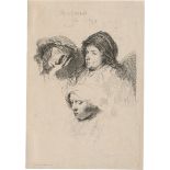 Rembrandt Harmensz. van Rijn: Drei Frauenköpfe, die eine Frau schlafend