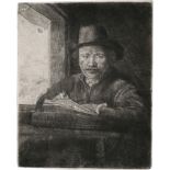 Rembrandt Harmensz. van Rijn: Selbstbildnis am Fenster, zeichnend