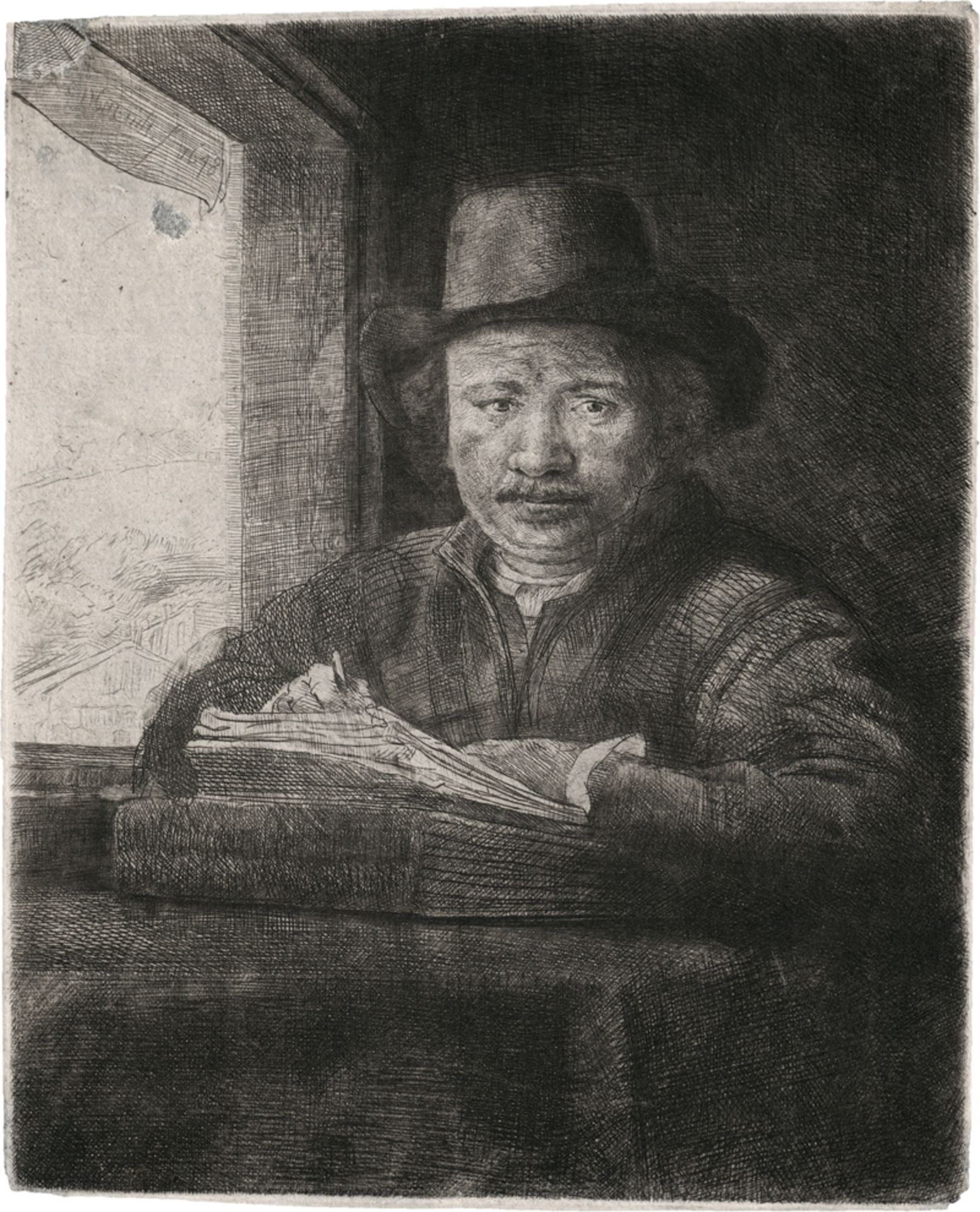 Rembrandt Harmensz. van Rijn: Selbstbildnis am Fenster, zeichnend