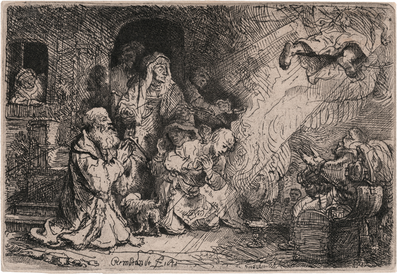 Rembrandt Harmensz. van Rijn: Der Engel vor der Familie des Tobias verschwindend