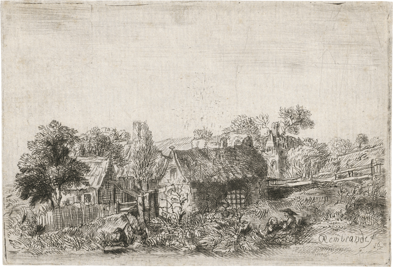 Rembrandt Harmensz. van Rijn - Nach...: Landschaft mit Häsuern und im Gras sitzendem Bauernpaar