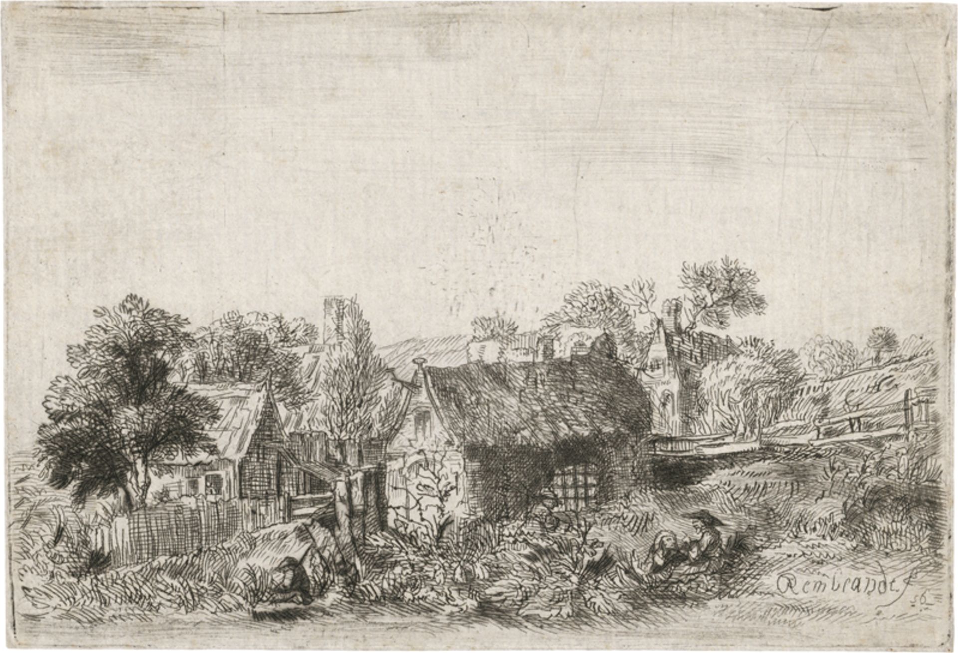 Rembrandt Harmensz. van Rijn - Nach...: Landschaft mit Häsuern und im Gras sitzendem Bauernpaar