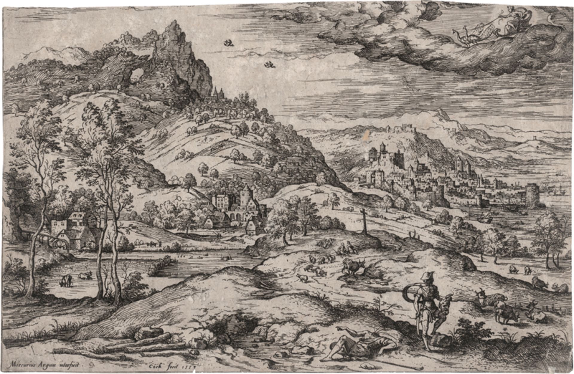 Cock, Hieronymus: Die Landschaft mit Merkur, den Kopf von Argus haltend