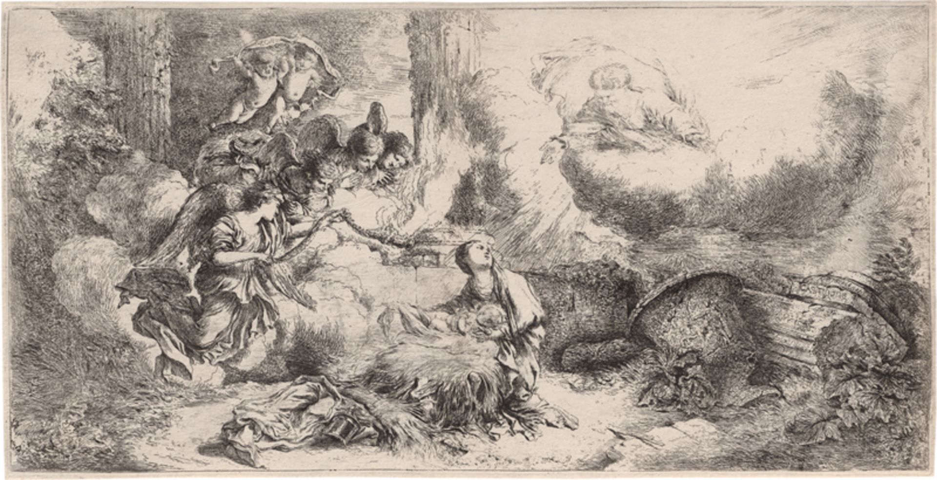 Castiglione, Giovanni Benedetto: Die Geburt Christi mit Gottvater und den Engeln