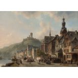 Carabain, Jacques François Joseph: Blick auf Cochem mit der Reichsburg: Geschäftiges Marktt...