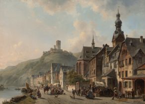 Carabain, Jacques François Joseph: Blick auf Cochem mit der Reichsburg: Geschäftiges Marktt...