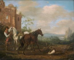Niederländisch: 17. Jh. Reiter mit zwei Pferden und seinem Hund bei eine...