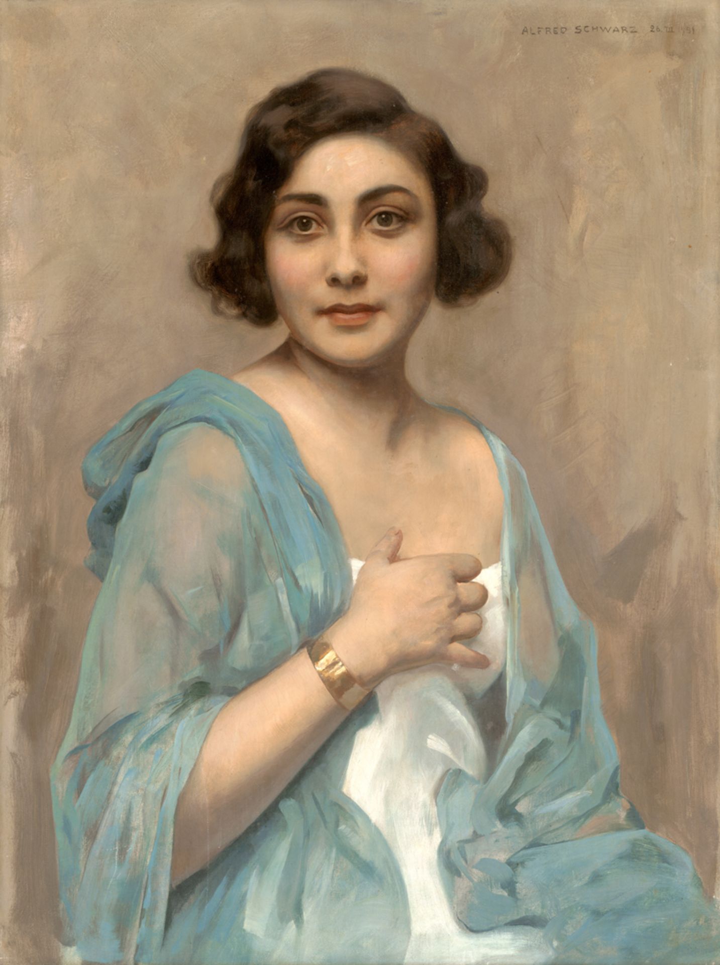 Schwarz, Alfred: Bildnis einer jungen Frau mit hellblauer Stola