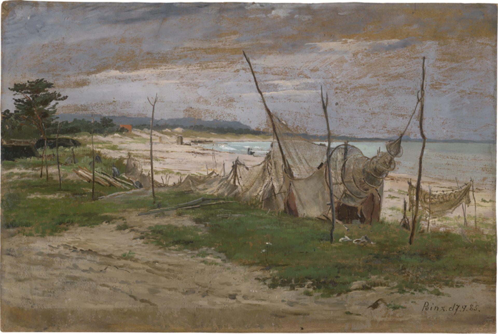 Deutsch: 1885. Fischerreusen am Strand von Binz auf Rügen