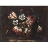 Spanisch: um 1700. Blumenstillleben mit Tulpen in einem Bastkorb