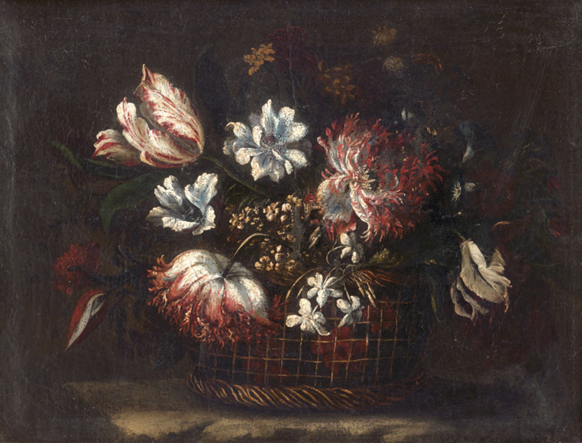 Spanisch: um 1700. Blumenstillleben mit Tulpen in einem Bastkorb