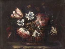 Spanisch: um 1700. Blumenstillleben mit Tulpen in einem Bastkorb
