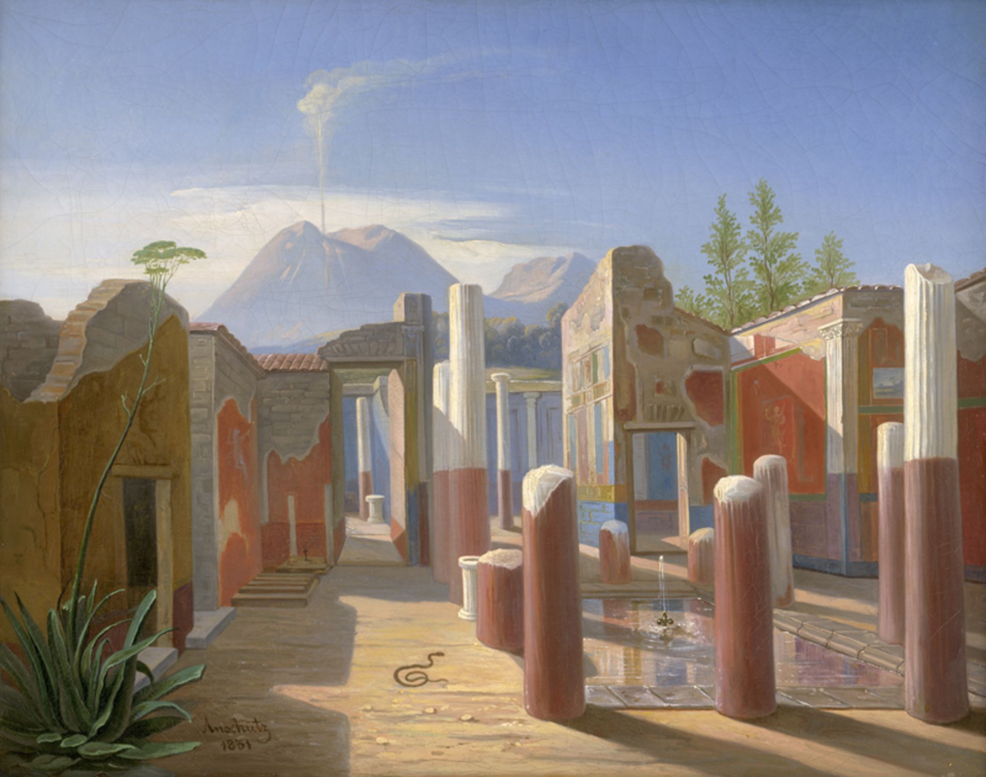 Anschütz, Hermann: Pompeji mit dem rauchenden Vesuv im Hintergrund