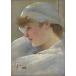 Französisch: um 1890. Junge Frau mit weißblauem Tuch