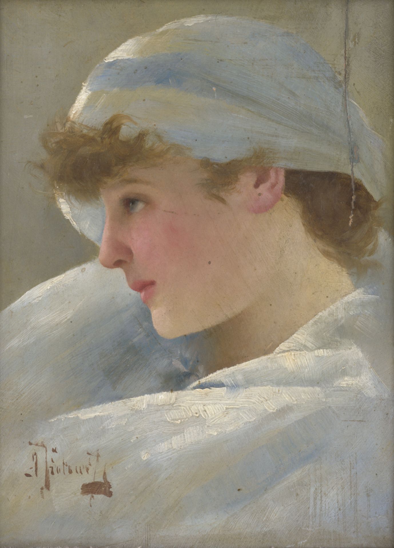 Französisch: um 1890. Junge Frau mit weißblauem Tuch