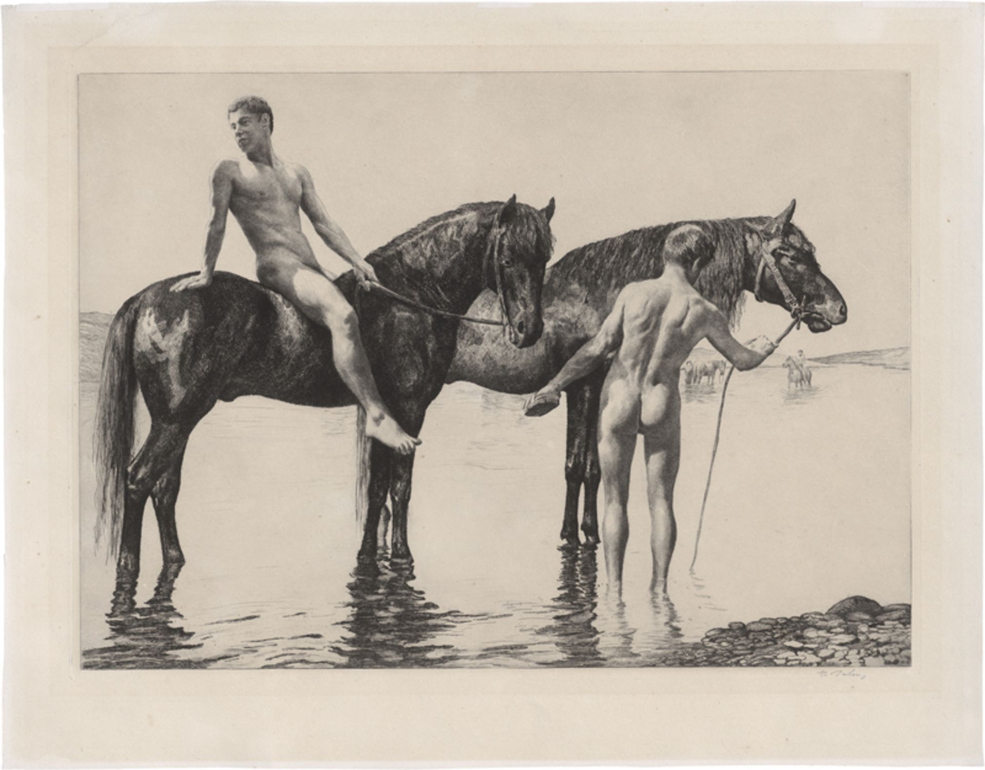 Jahn, Georg: "Pferdeschwemme" (Zwei Reiter am Ufer)
