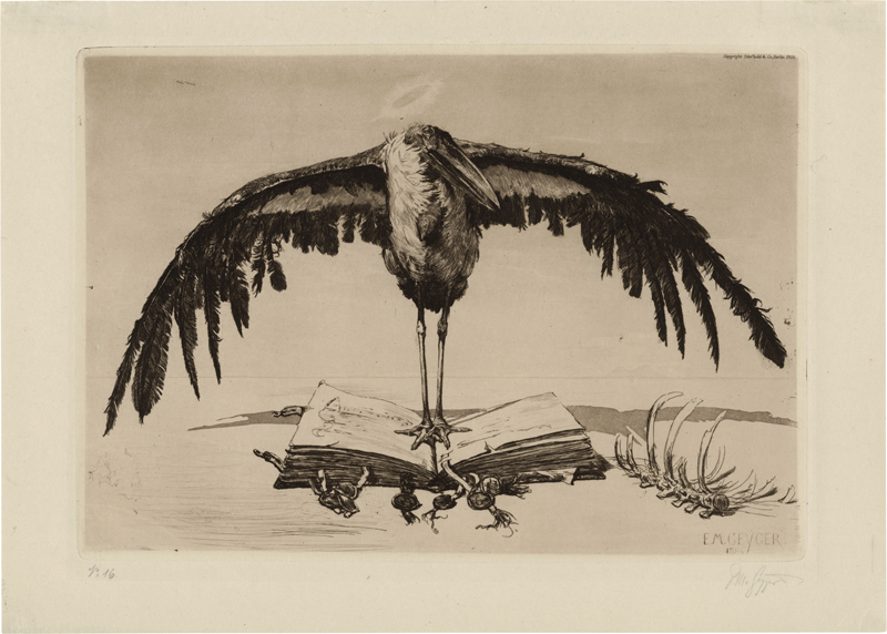 Geyger, Ernst Moritz: Marabu am Strand, auf einem offenen Buch